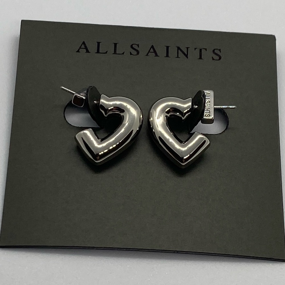 AllSaints New Shiny Silver Tone Brass Chubby Heart Huggie Earrings Romantic